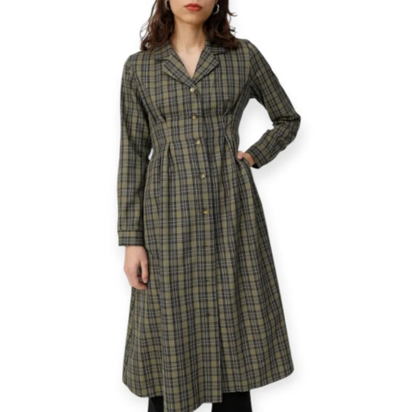 Moussy Waist Tuck Green Plaid Midi Shirt Dress Pleated with Pockets 1 or Small - Picture 1 of 17